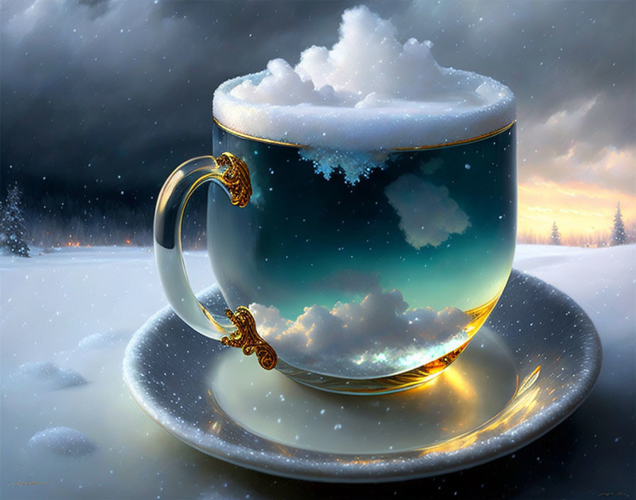 Surreal cup and saucer with clouds and snow in wintry landscape