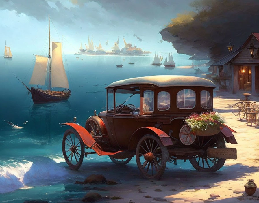 Vintage car and sailing ships in serene harbor setting