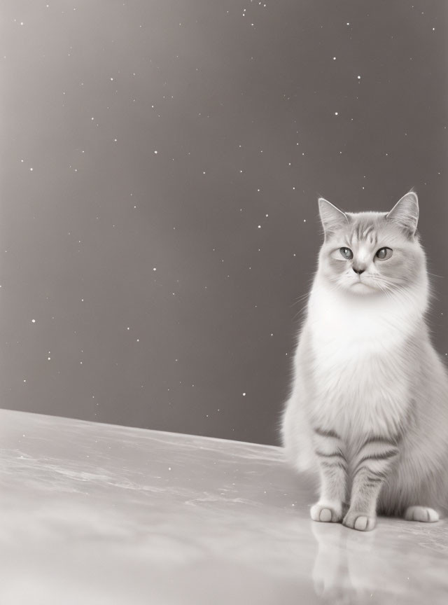 White Cat with Striking Eyes on Gray Background with Star-like Speckles