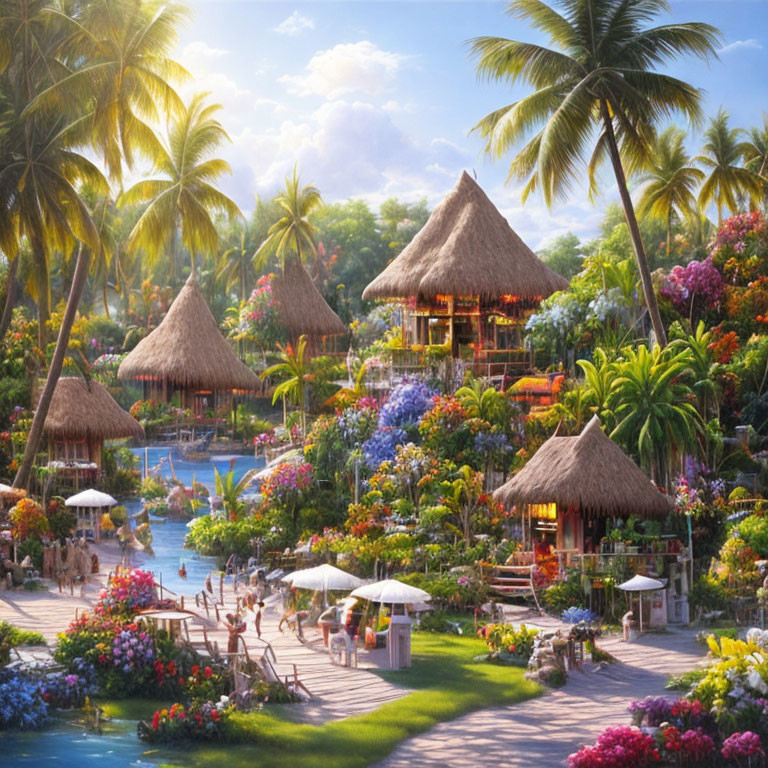 Tropical Resort with Thatched Huts, Pool, Palm Trees, and Gardens