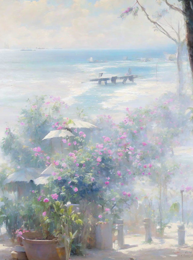 Tranquil lakeside painting with blooming flowers, boat, and figures