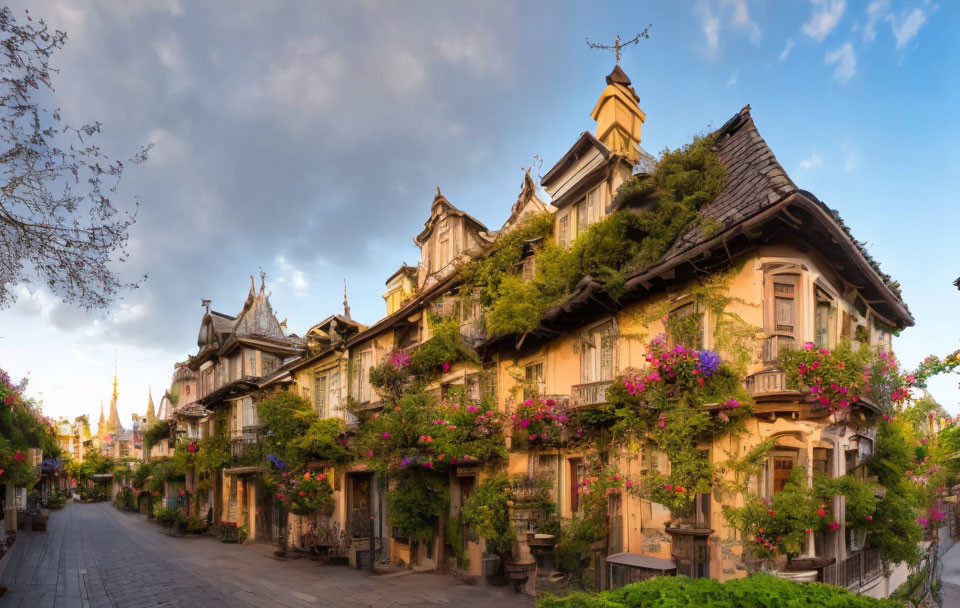 Picturesque cobblestone street with half-timbered buildings and lush greenery at sunset