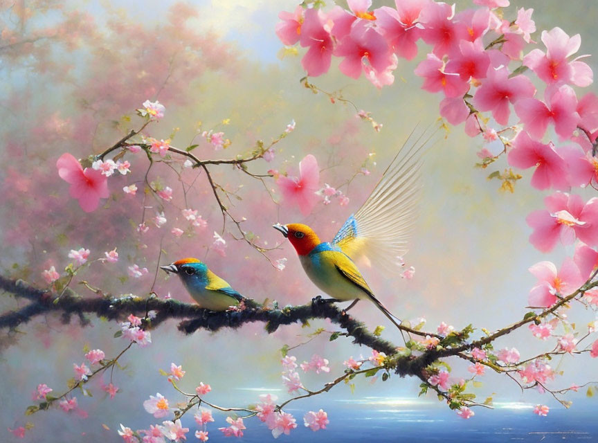 Colorful Birds Perched on Blossom-Laden Branch with Soft Floral Background