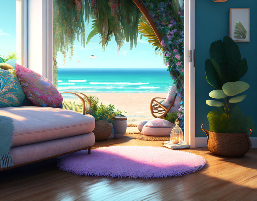 Beachside room with plush sofa, vibrant cushions, plants, and ocean view.
