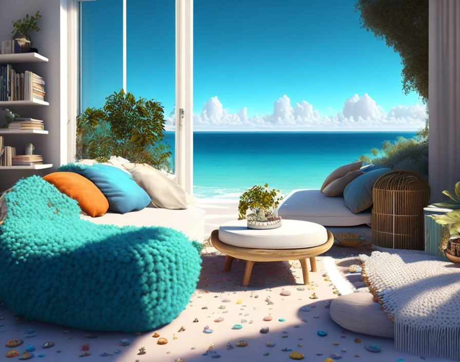 Beachside room with sea view, bean bag, table, cushions & petals