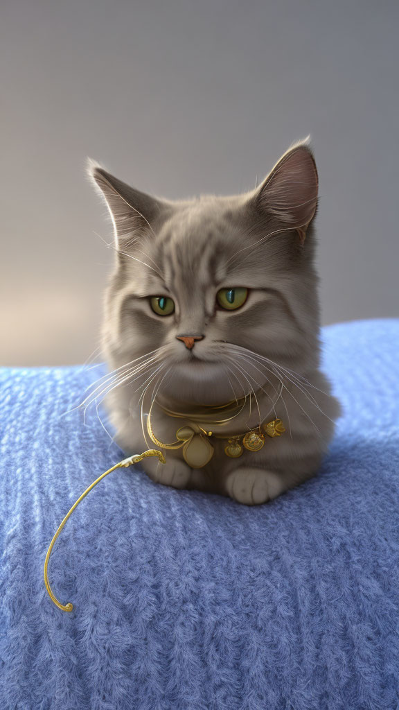 Grey Cat with Green Eyes and Gold Bell Collar on Blue Surface