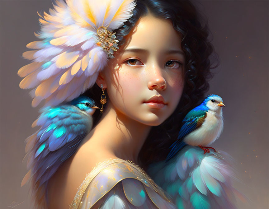 Digital painting of girl with feathered details and blue birds in soft tones.