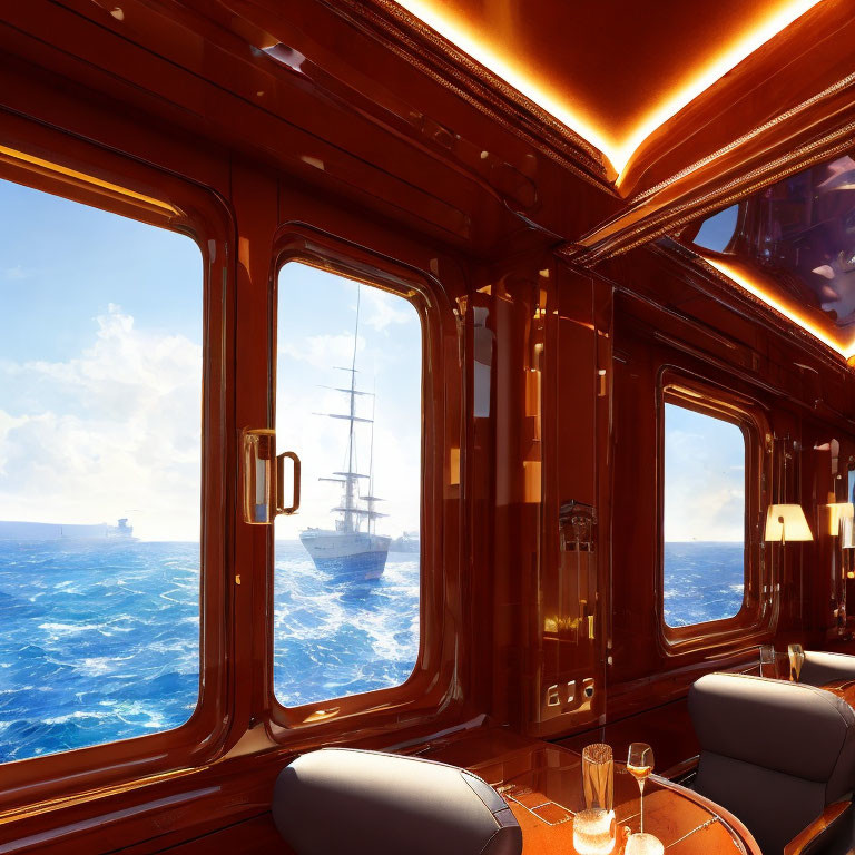 Polished wooden walls and large windows in luxurious yacht interior