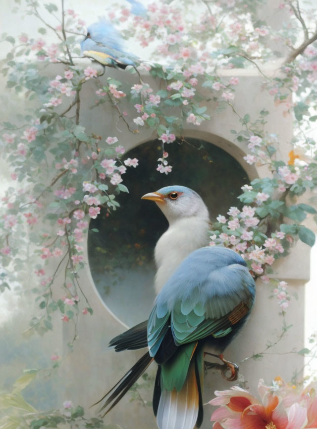 Large blue and green bird near round window with pink flowers and greenery, smaller blue bird above