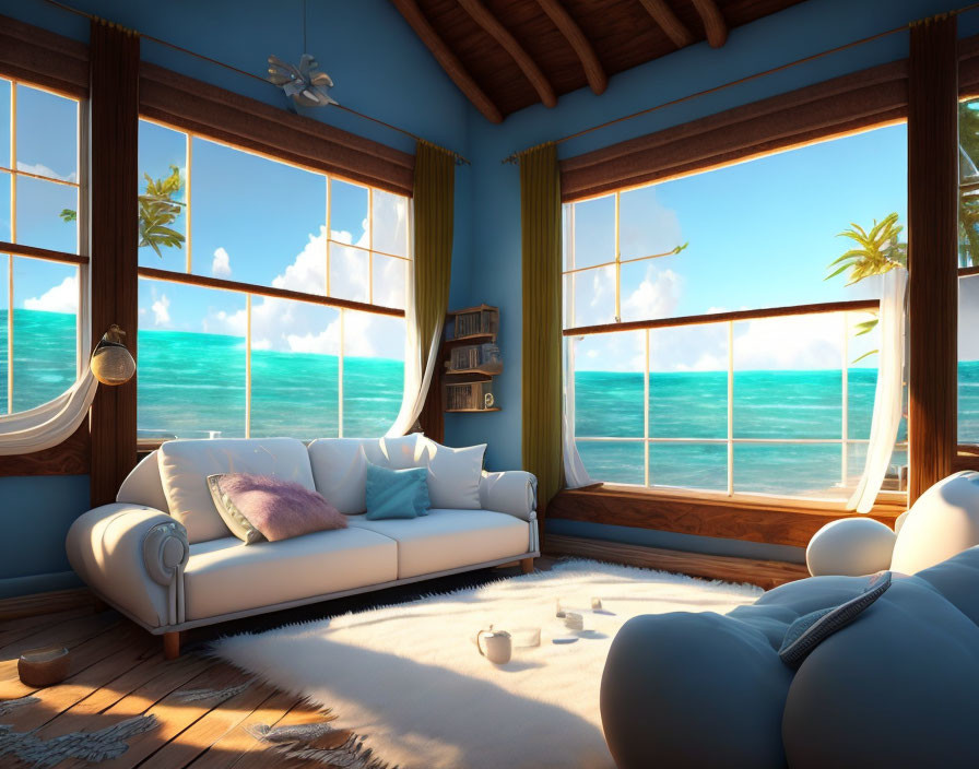 Bright Beachside Living Room with Large Windows and Tranquil Sea View