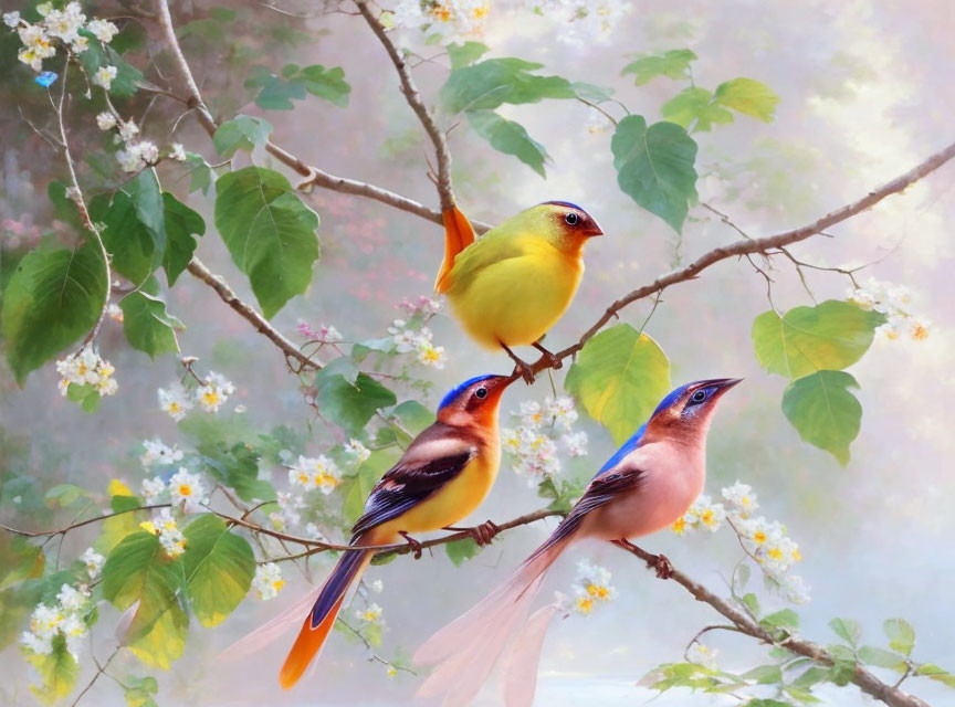 Colorful Birds Perched on Blooming Branch in Soft Pastel Setting