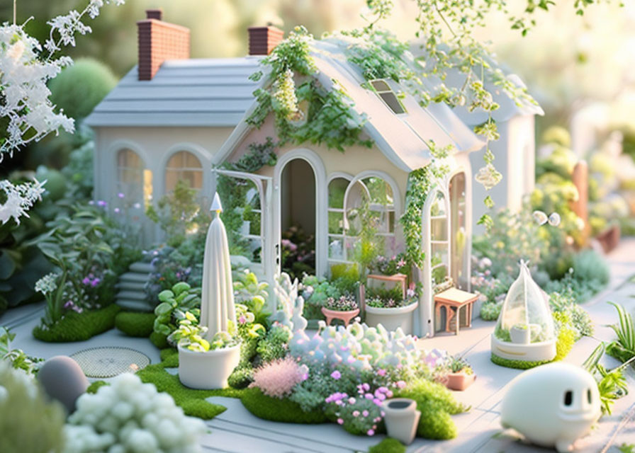 Miniature whimsical greenhouse with lush plants and magical glow