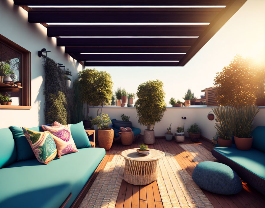 Serene Rooftop Terrace with Blue Sofas and Pergola