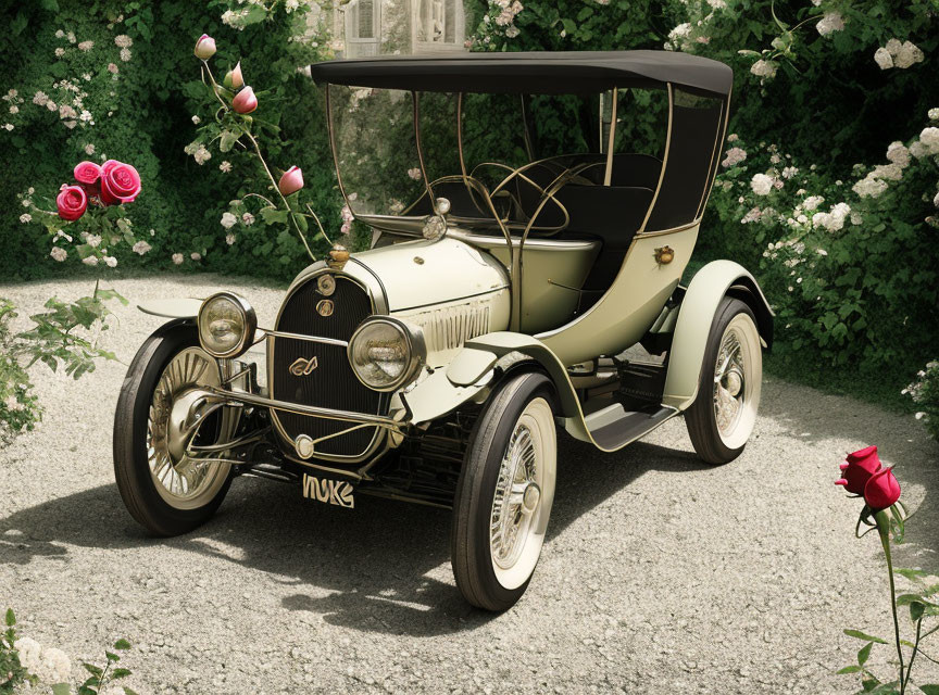 Classic Green Car with Brass Details Parked by Blooming Rose Bushes