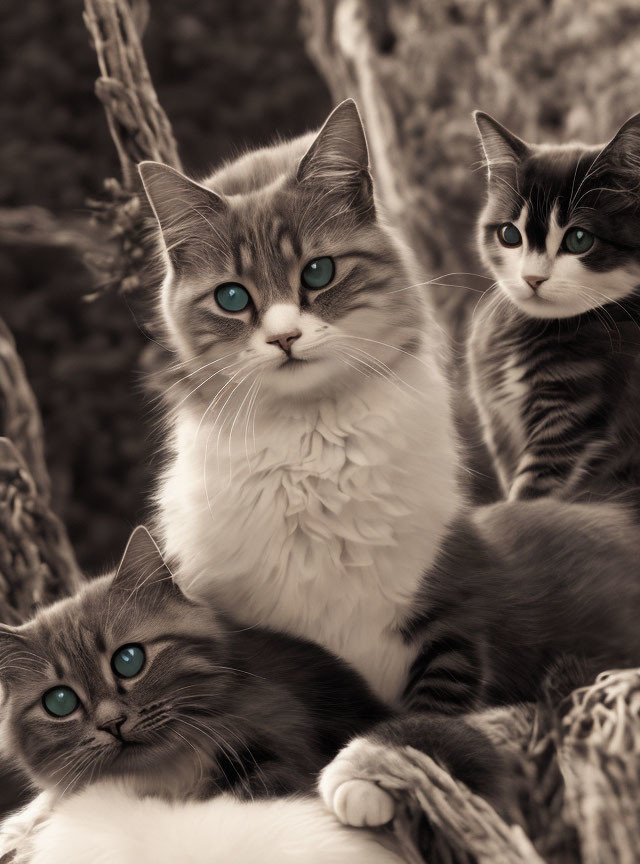 Three cats with striking blue eyes against coarse rope textures