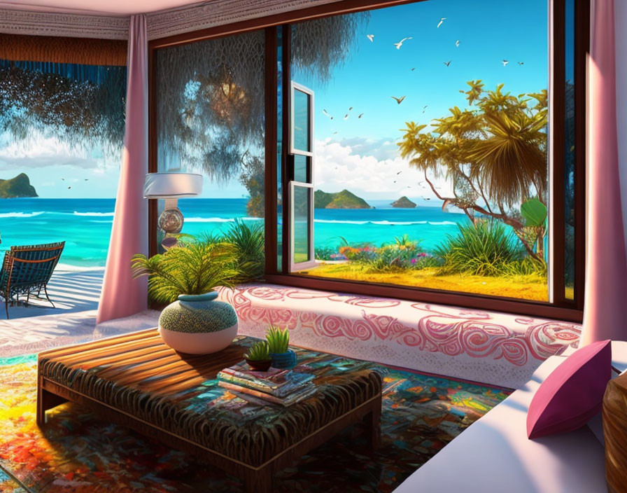 Beachfront room with ocean view and sunlight
