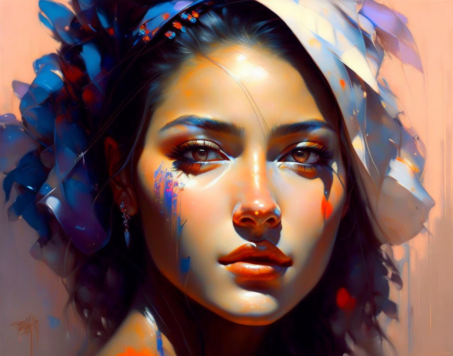 Digital portrait of woman with blue and red hues, flowers in hair, intense gaze