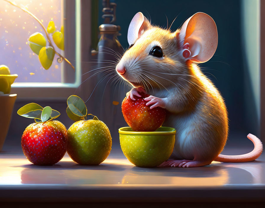 Animated mouse nibbling on a strawberry near green apples next to window with butterflies.