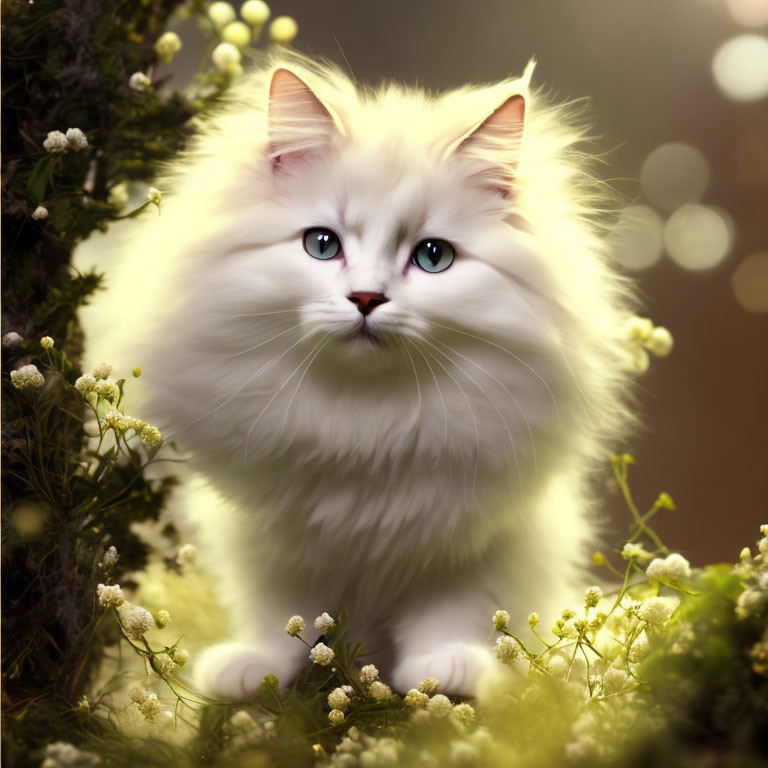 Fluffy White Cat with Blue Eyes in Greenery and Flowers