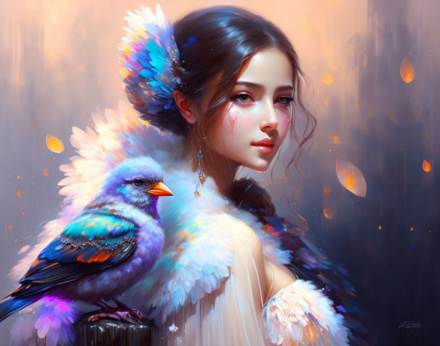 Digital artwork: Young woman with serene expression and colorful bird on shoulder