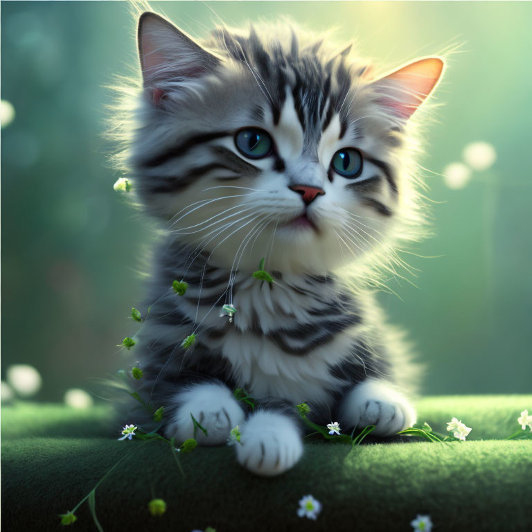 Fluffy tabby kitten with blue eyes among white flowers and greenery