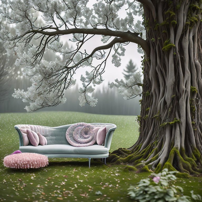 Plush blue sofa under blooming tree in serene fantasy setting