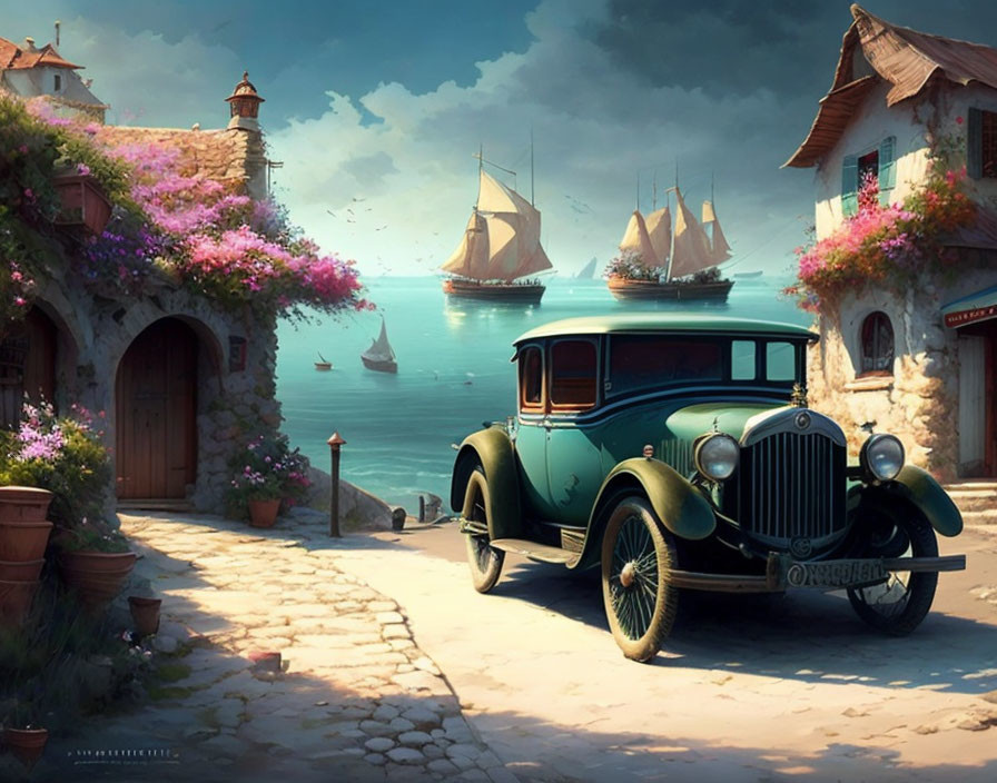 Classic Car Parked in Seaside Village with Blooming Flowers