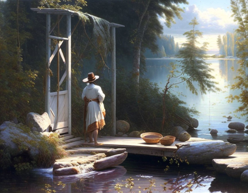 Woman in vintage clothing on wooden dock by tranquil lake with forest view