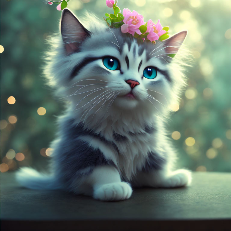 Fluffy Cat with Blue Eyes and Pink Flower Crown on Bokeh Background