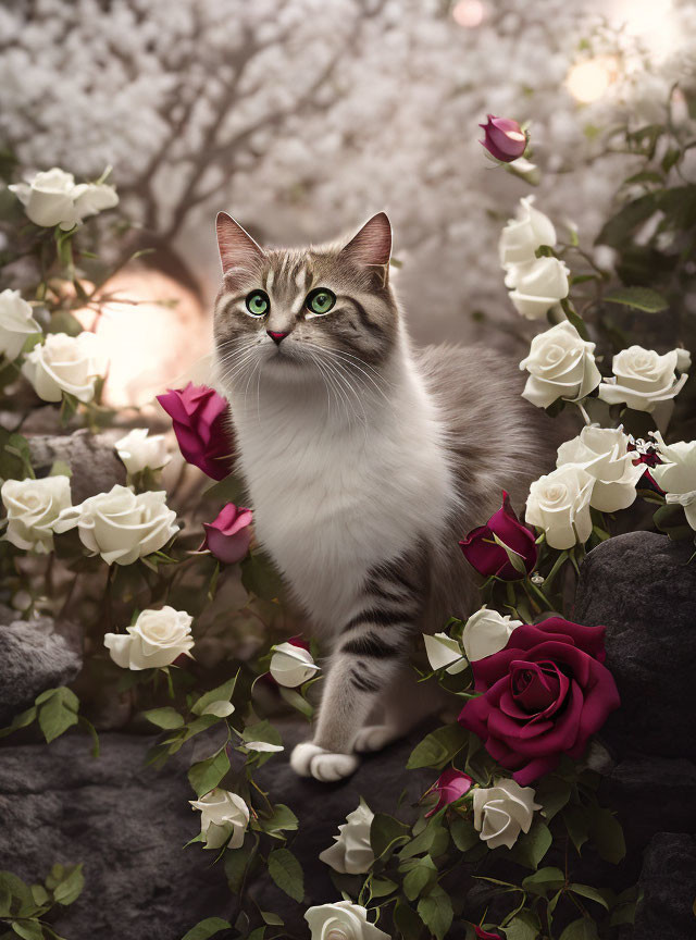 Cat with White and Pink Roses on Floral Background