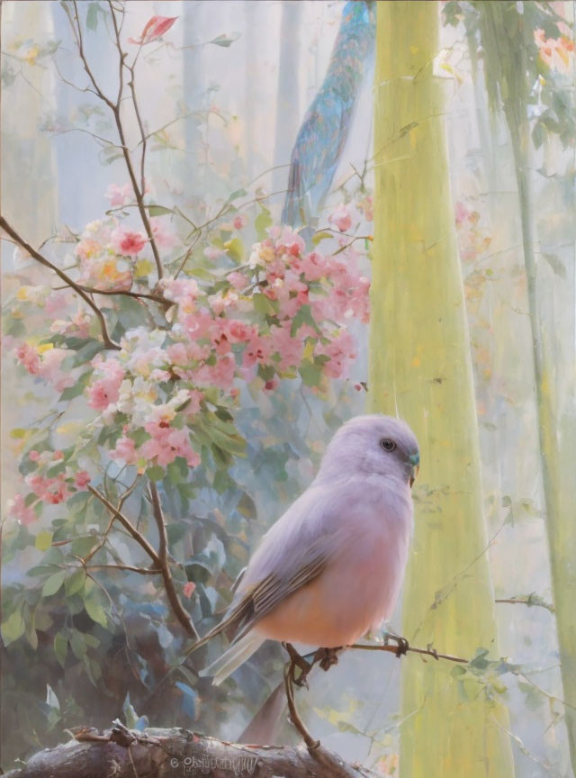 Soft Blue Bird Perched on Branch Among Blush Flowers & Peacock