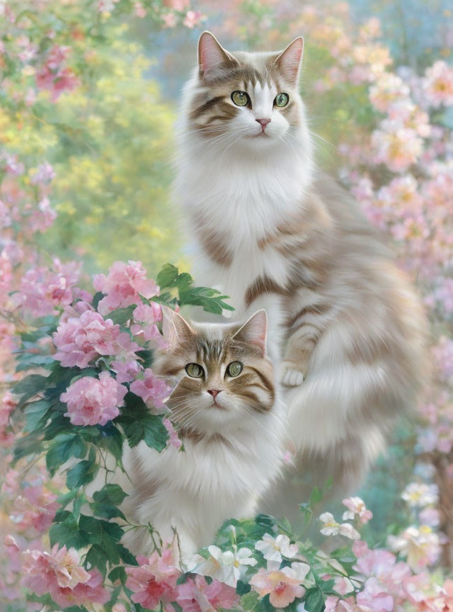 Fluffy cats with matching markings in pink blossom setting