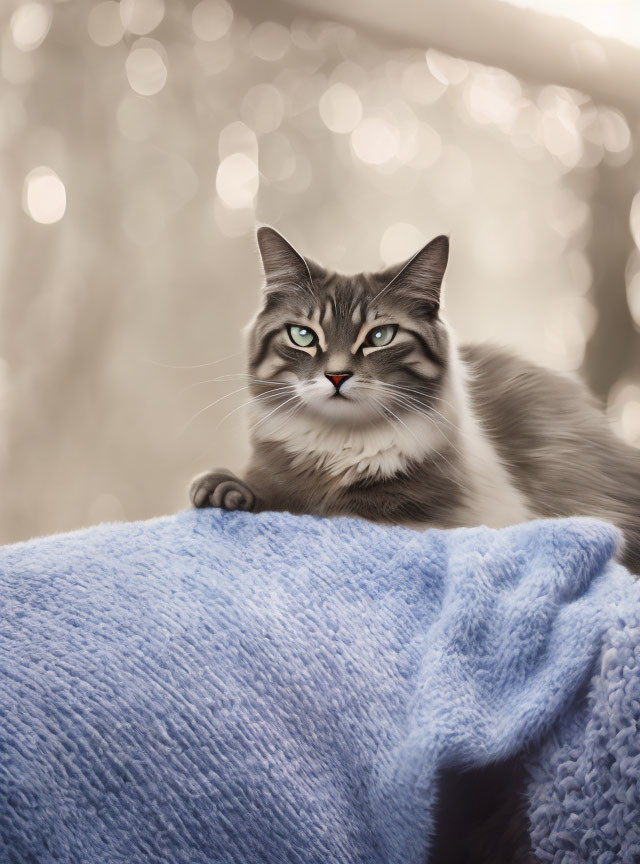 Fluffy Gray Cat with Blue Eyes on Blue Blanket