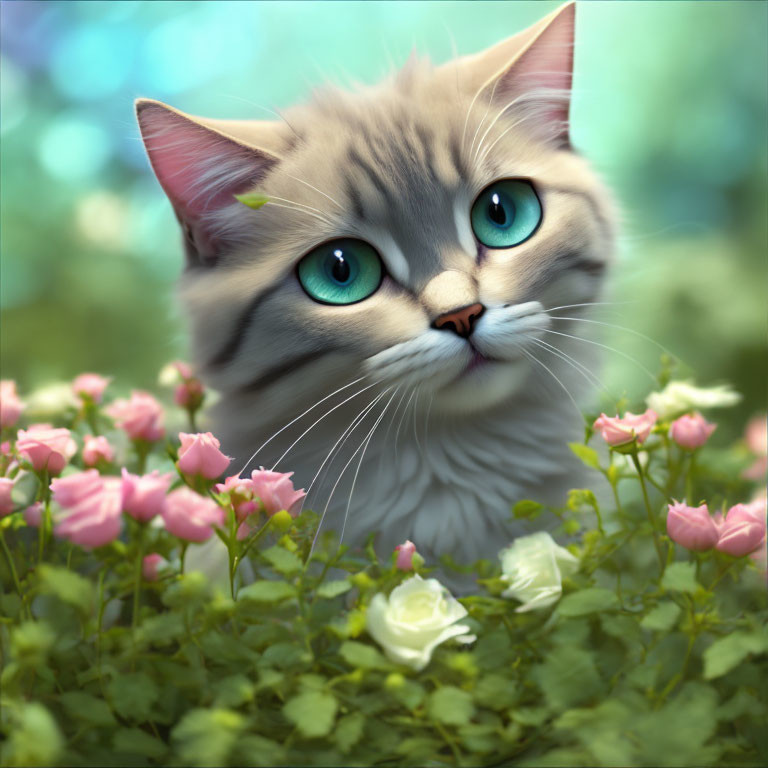 Blue-eyed fluffy cat in pink and white rose garden with dreamy background