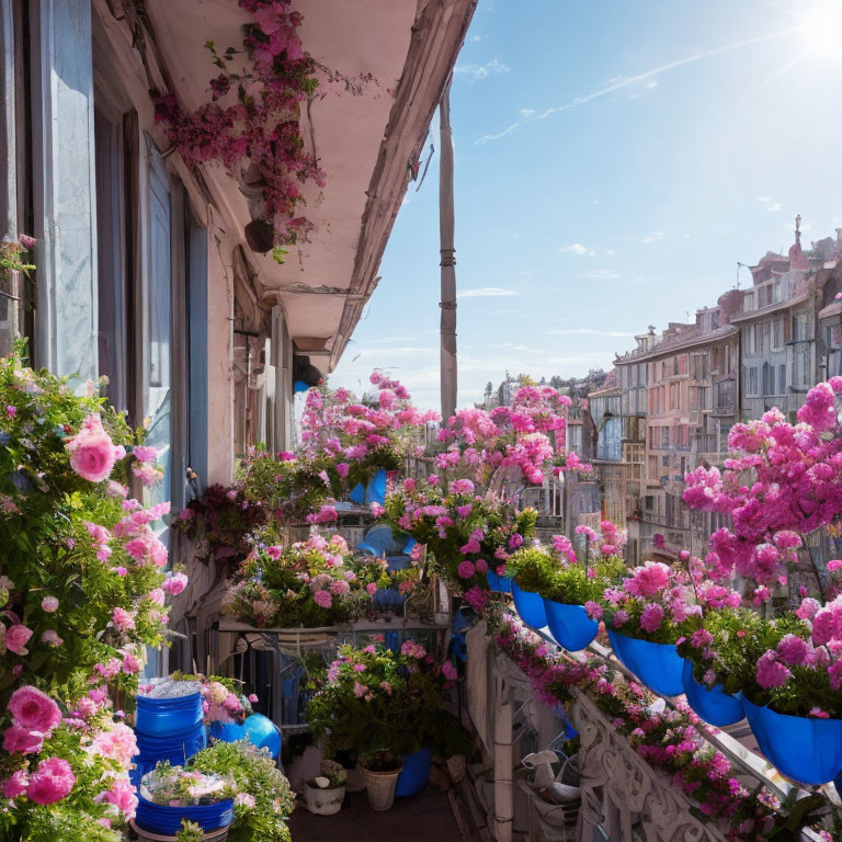 Vibrant pink flowers on balcony overlooking historical street.