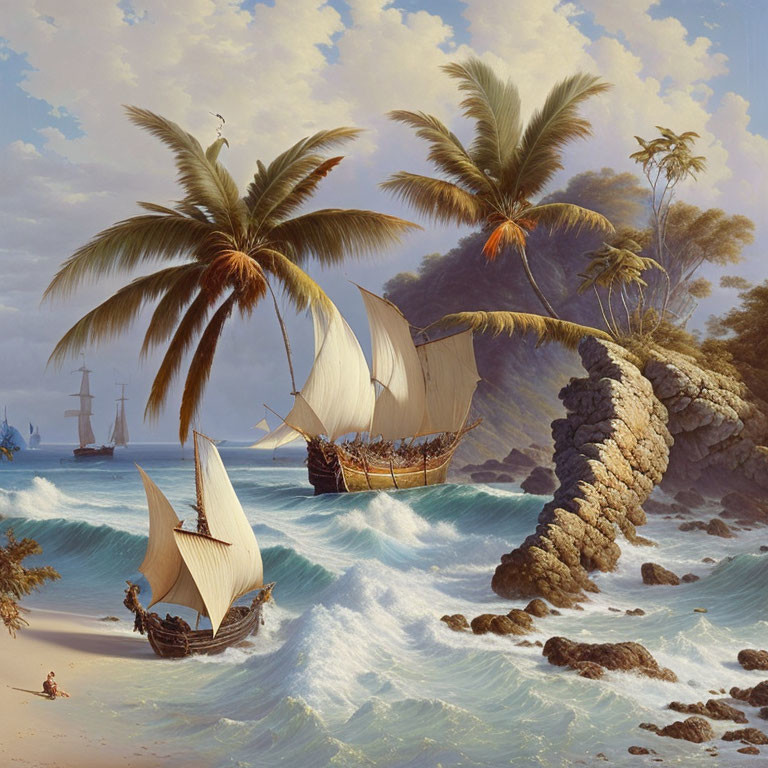 Tranquil seascape painting: sailboat, tropical shore, palm trees, choppy waves,