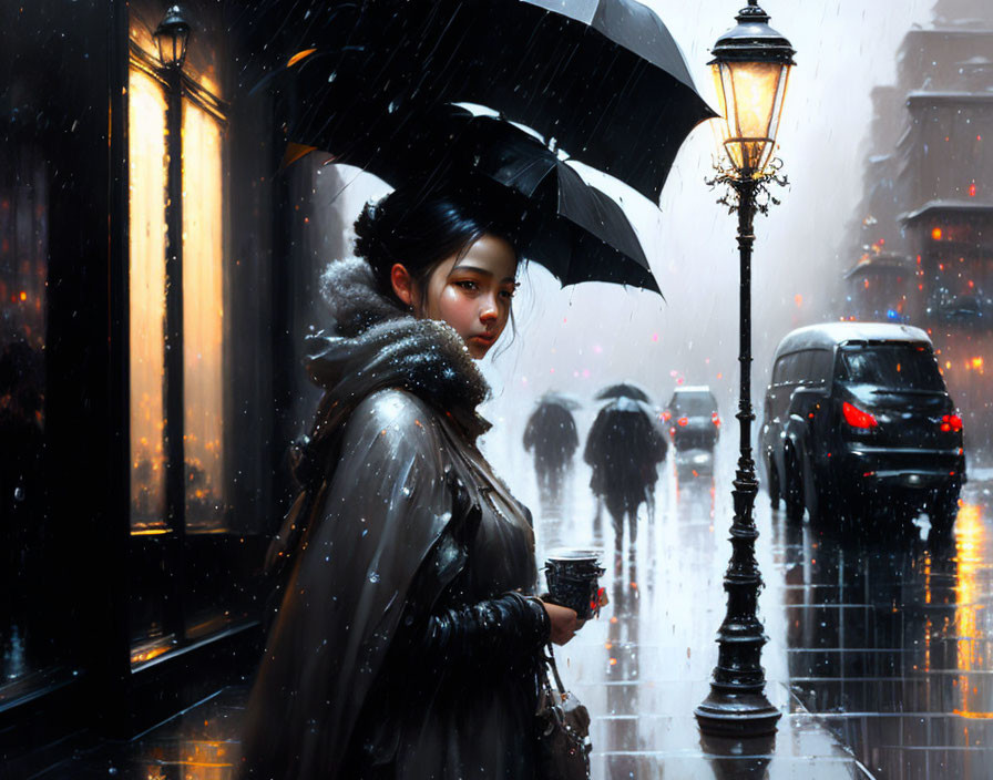 Snowy Street Scene: Woman with Umbrella by Lamppost, Cars Passing at Night