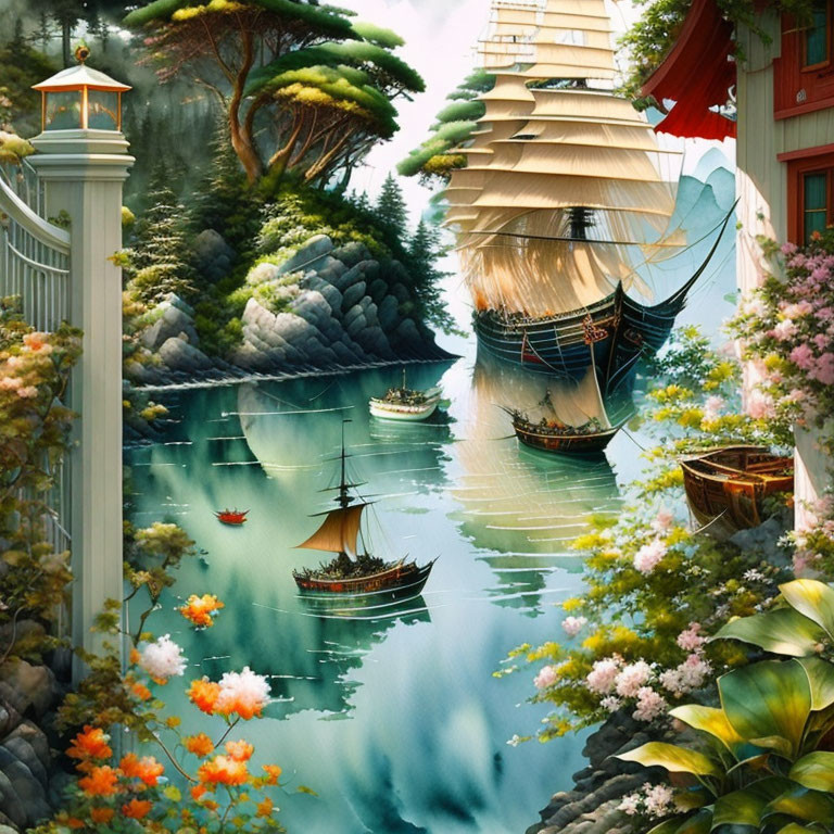 Colorful surreal artwork: Ships on tranquil river surrounded by lush greenery and whimsical architecture