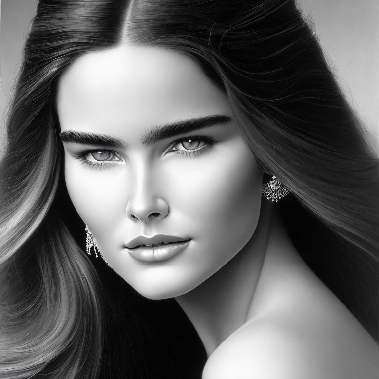 Monochrome portrait of woman with long hair and striking features