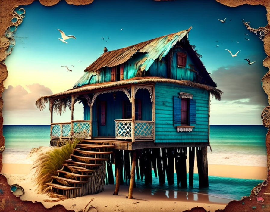 Tranquil beach scene with rustic blue stilt house and flying seagulls