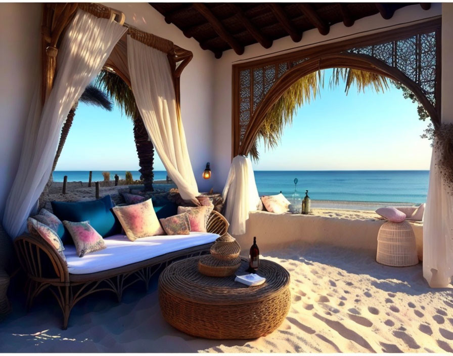 Plush Beachfront Lounge with Ocean View & Arched Doorway