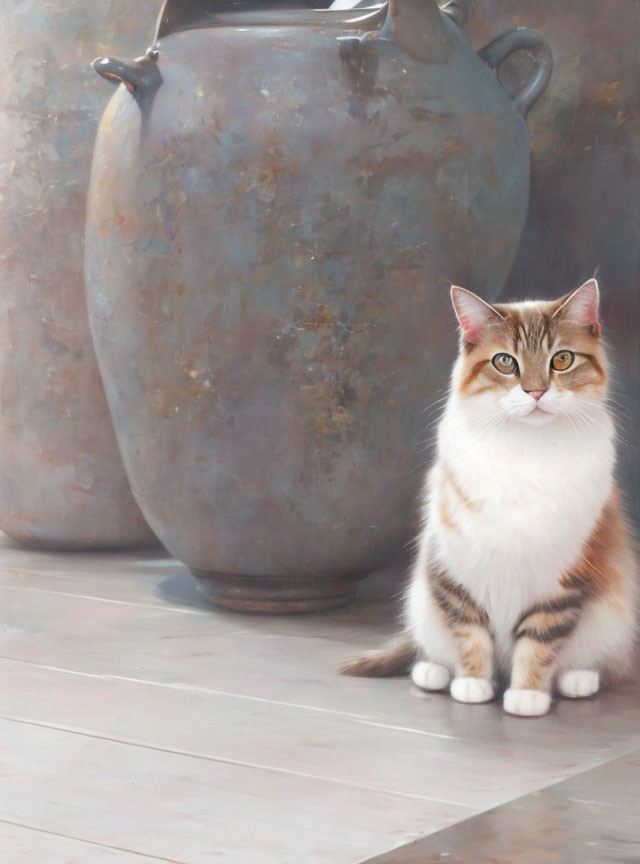 Calico Cat Sitting Beside Rustic Pot on Wooden Floor