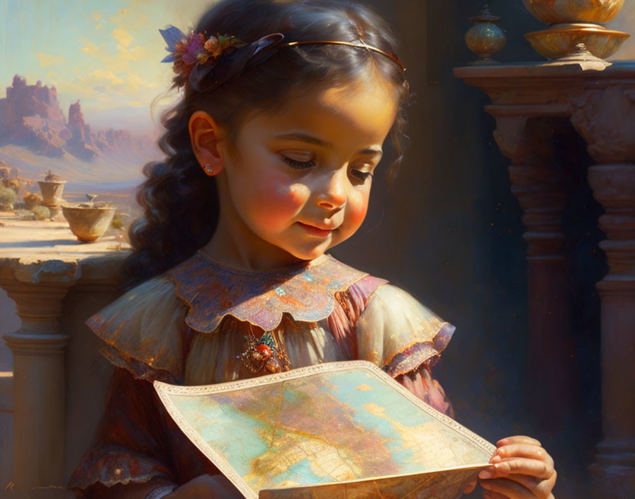 Young Girl Smiling with Floral Headband and Map in Classical Setting