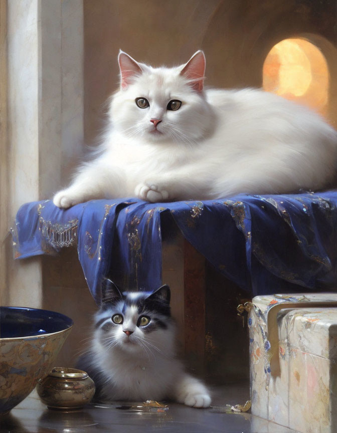 White Fluffy Cat with Piercing Eyes on Blue Fabric with Another Cat Beside Golden Bowl