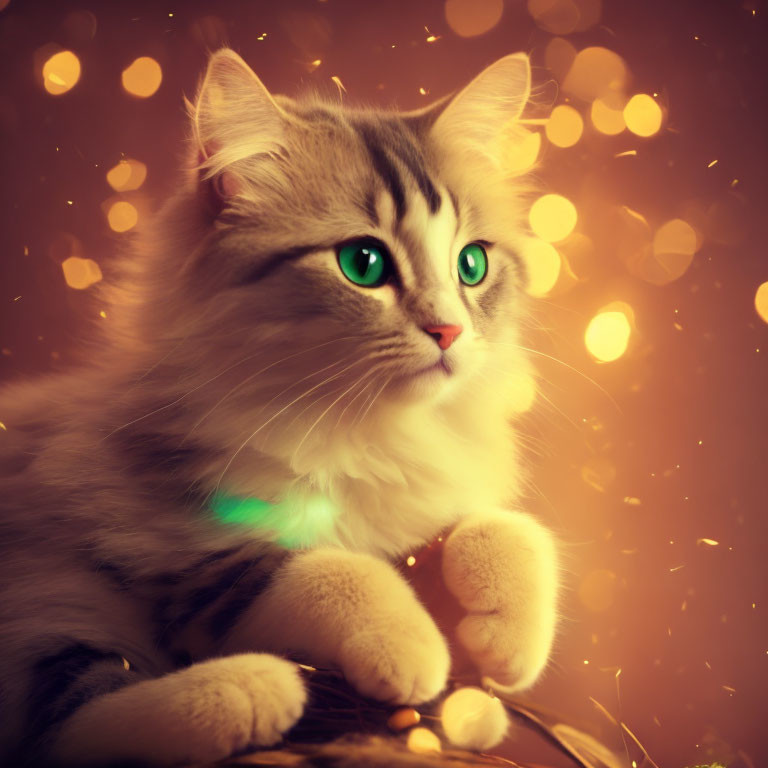 Fluffy cat with green eyes resting among warm bokeh lights