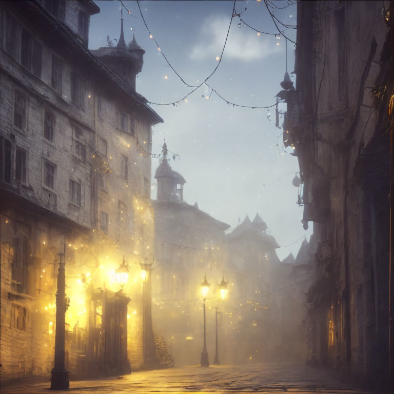 Foggy Street Scene with Vintage Lampposts and Snowflakes