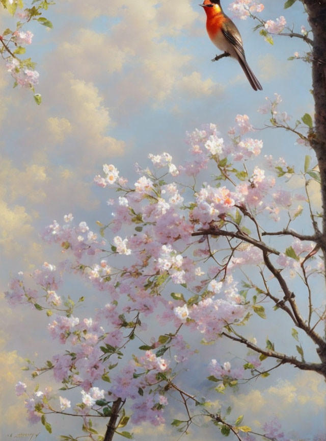 Colorful bird on branch with pink blossoms against blue sky