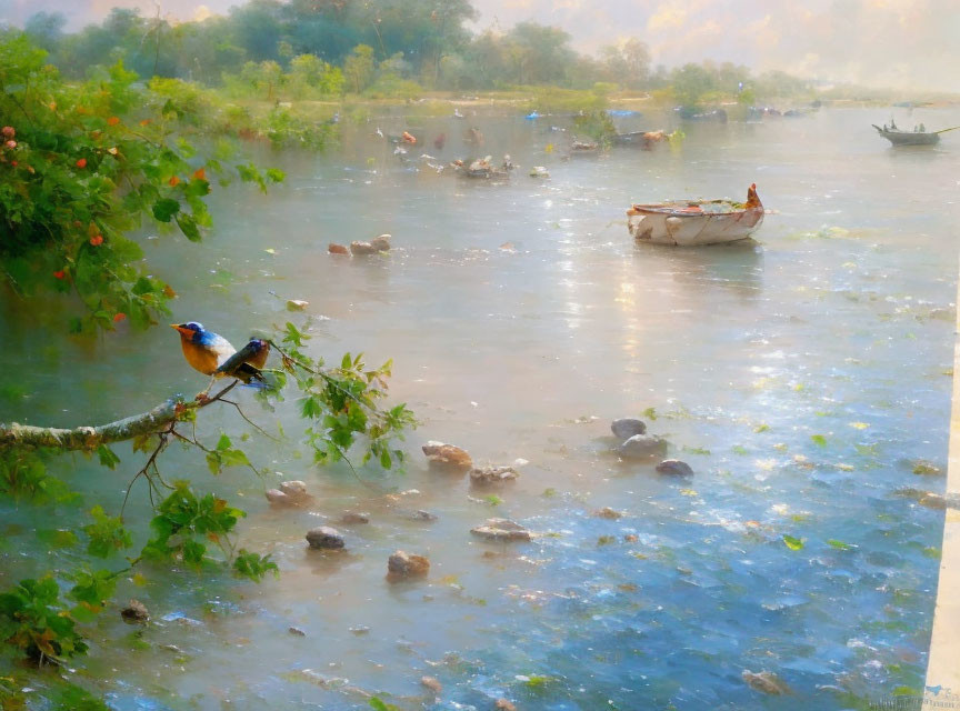 Tranquil river scene with ducks, boat, blossoming trees, and vibrant bird