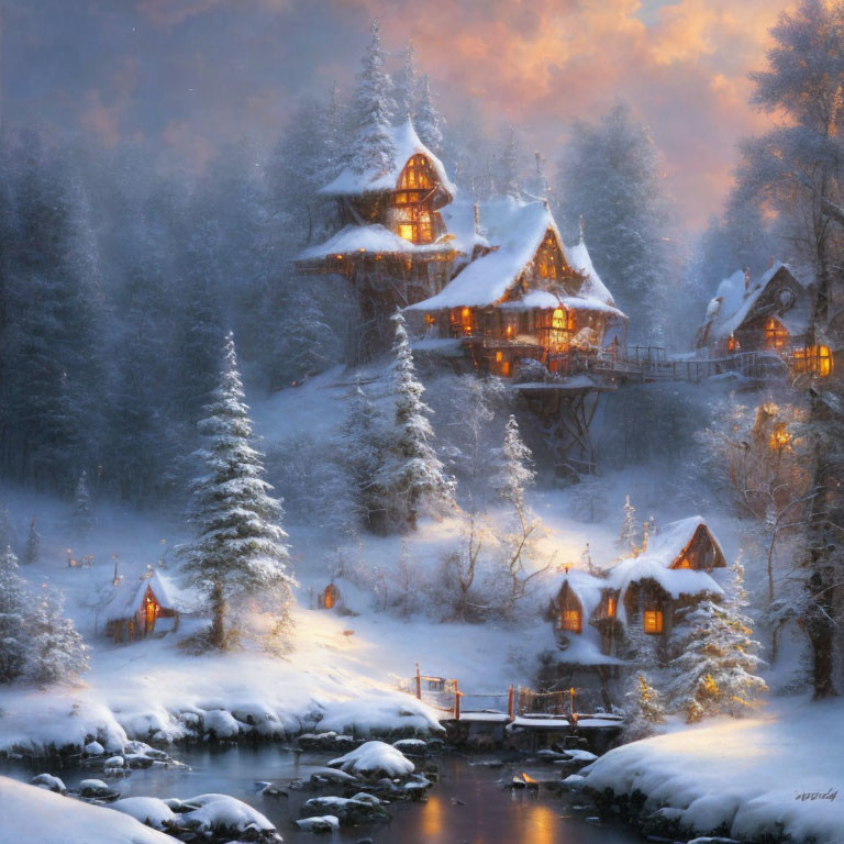 Snowy Winter Landscape: Cozy Cottage, Bridge, and Twilight Ambiance