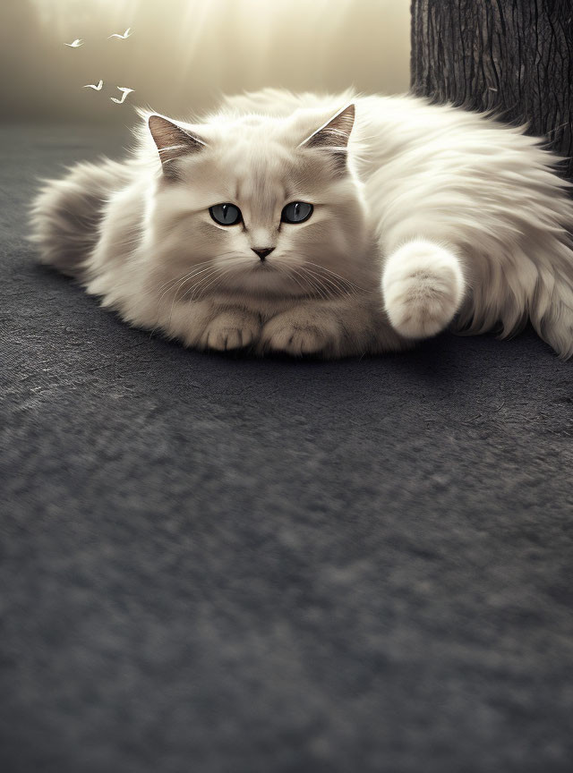 White Cat with Blue Eyes and Butterflies on Dark Surface